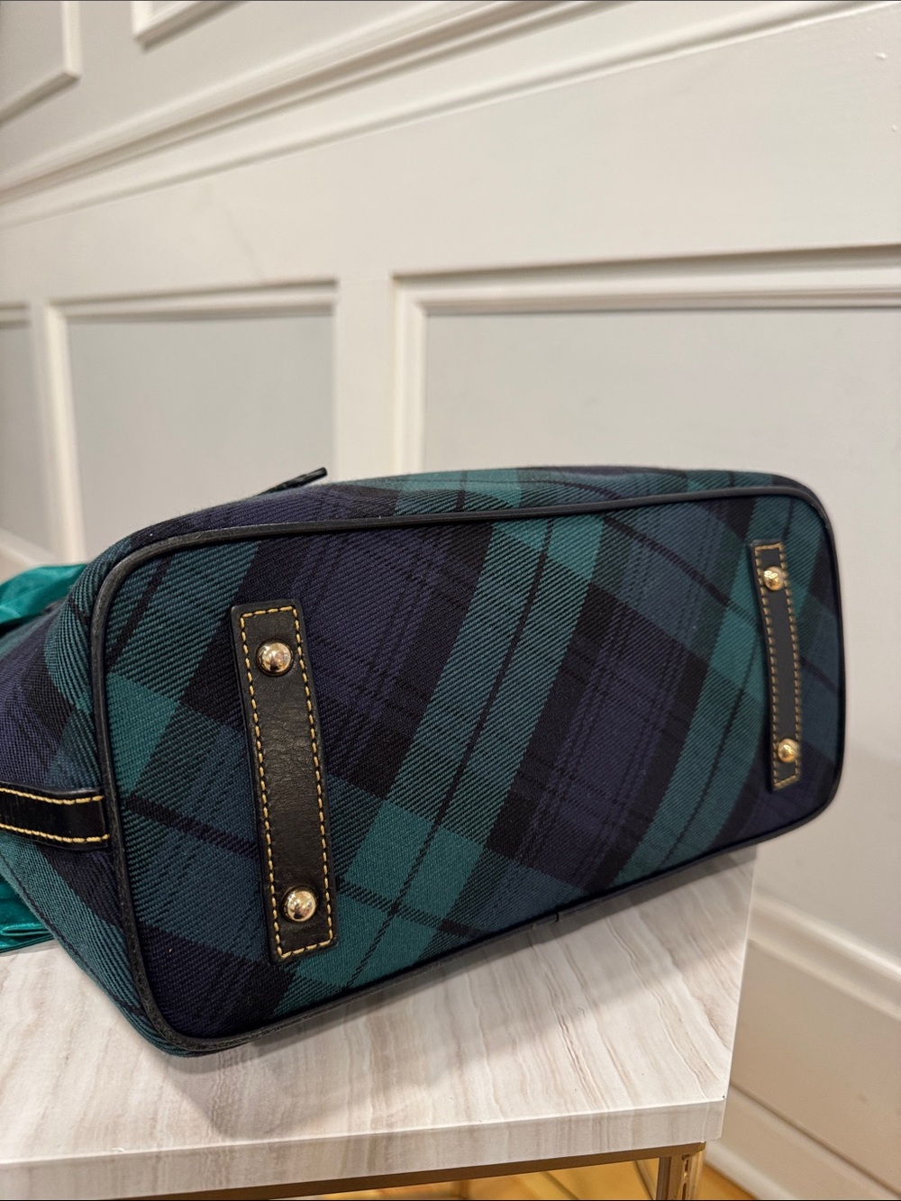 Dooney & Bourke Bag Plaid Tartan Green and Navy Tote Bag - Picture 9 of 17
